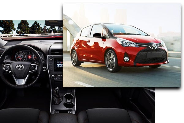 collage of two images showing a steering wheel and the other showing a red Toyota