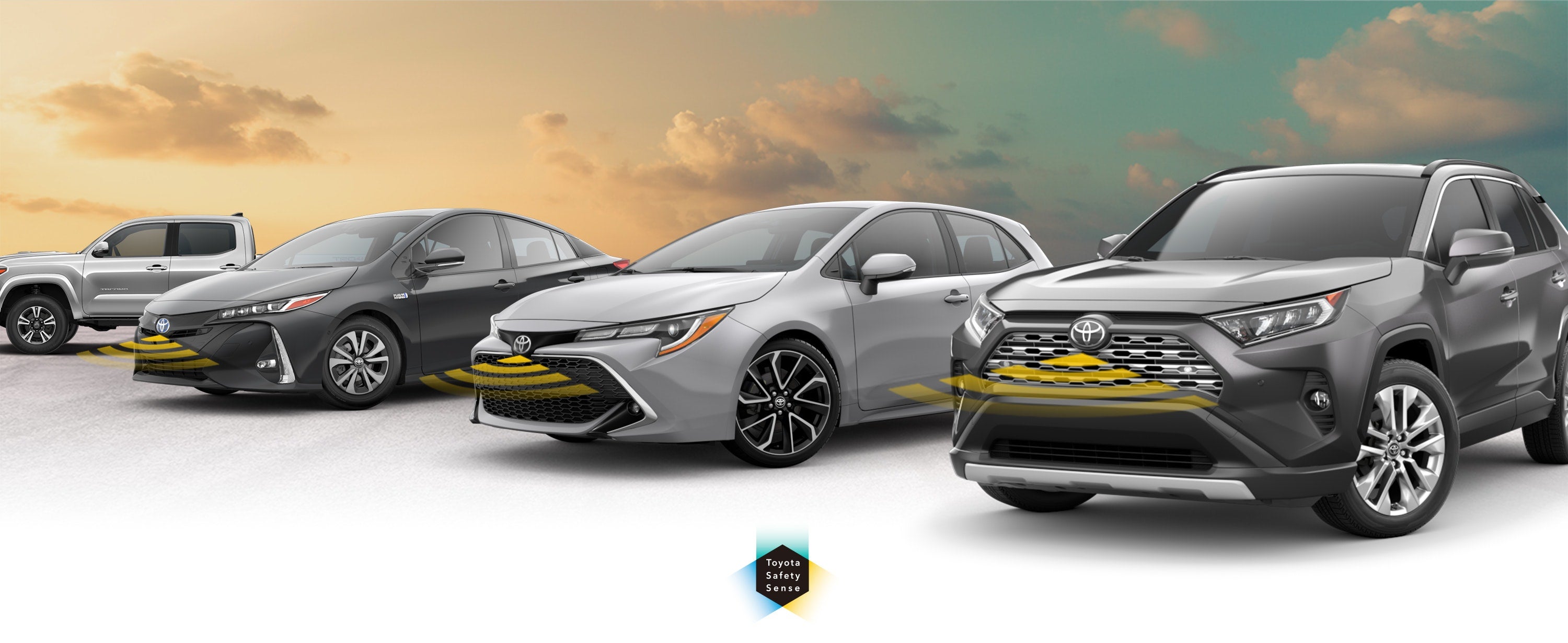 Toyota Safety Sense: Designed for Safety. Options shown on Toyota models including RAV4, Tacoma, and Camry, available now at Lithia Toyota of Abilene in Abilene TX.