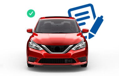 image of a red car with a blue paper and pen icon and a green circular checkmark icon